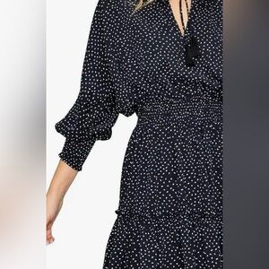 Lovestitch elegant Black and White V-Neck Polka Dot long Sleeve dress